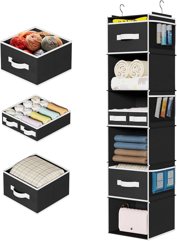 Univivi Hanging Closet Organizer with 6 Shelves, 4 Removable Drawers & 6 Side Pockets, Foldable Wardrobe Storage