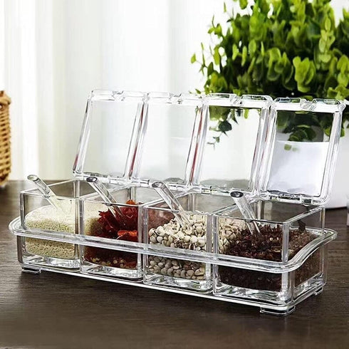 Clear Seasoning Box, 4 Spice Jars with Lids and 4 Pcs Spoons, 1 Pcs Tray for Salt, Sugar, Cardamon, Cinnamon
