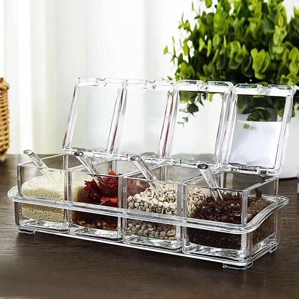 Clear Seasoning Box, 4 Spice Jars with Lids and 4 Pcs Spoons, 1 Pcs Tray for Salt, Sugar, Cardamon, Cinnamon