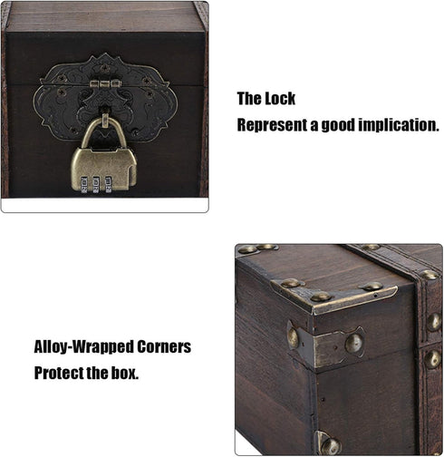 WESE Vintage Wooden Treasure Chest, Handcrafted Jewelry Storage Box with Lock, Large Capacity for Kids' Birthday Party