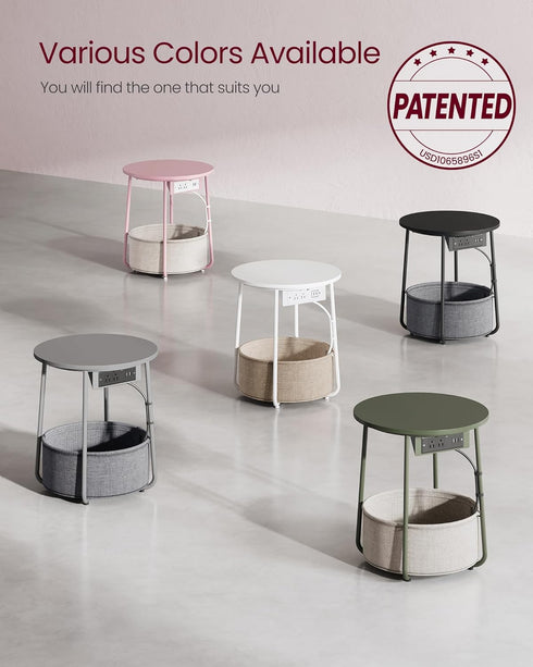 ULET228R01 VASAGLE LILEA Collection - Side Table with Charging Station, Round End Table with Fabric Basket, Nightstand