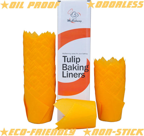 Large Tulip Baking Cups, Orange Color, 2-1/4" Base Diameter x 4" Wall Height, Parchment Paper, Case of 130 pcs