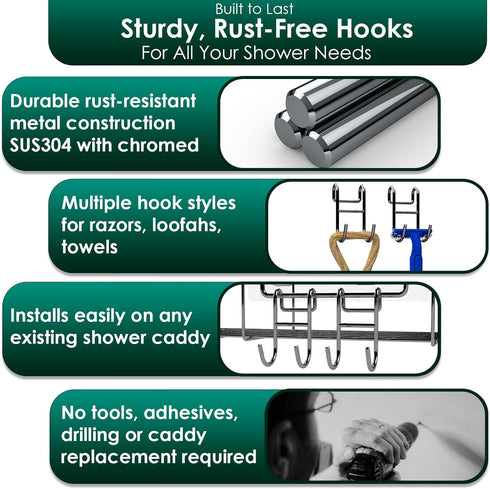 Shower Caddy Shelf Basket Rack Hooks, Stainless Steel Bathroom Hangers for Loofah, Towel, 2 Pack
