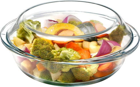Mini 9 Inch Round Glass Casserole Dish with Glass Lid, Oven Safe Bakeware with Handles (1.9 QT)
