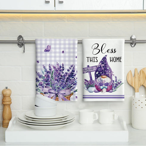 6 Pcs Spring Lavender Kitchen Towel Set - Rustic Bath Hand Towels for Spring Holiday, 24 x 16 Inches