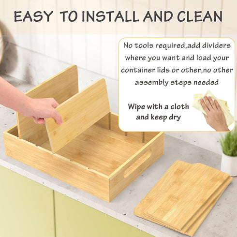 Retro Shaw Bamboo Food Container Lid Organizer with Adjustable Dividers for Cabinet, Lid Organizer for Plastic Lids