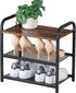 3-Tier Shoe Rack, Heavy-Duty Metal Grid, Rustic Wooden Top & Guardrails -