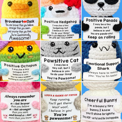 AicooFest 9pcs Positive Crochet Animals Emotional Support Plushies with Messages Positive Cat Bunny Duck Shark Employee