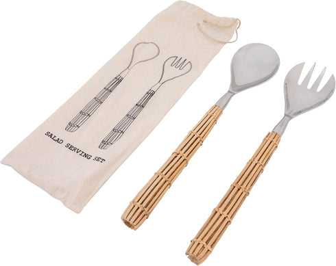 Creative Co-Op Stainless Steel Rattan Wrapped Handles, Set of 2 Styles Salad Servers, Natural