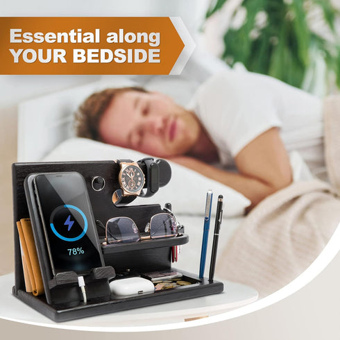 TESLYAR Wood Phone Docking Station for Men, Desk Accessories & Workspace Organizer, Nightstand Organizer, Key Holder