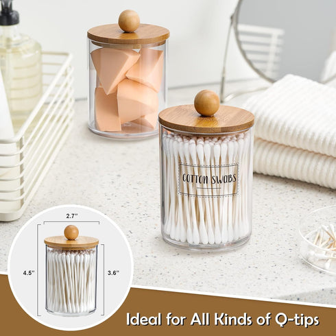 4 Pack Qtip Holder Dispenser with Bamboo Lids, 10 oz Clear Plastic Apothecary Jar Containers