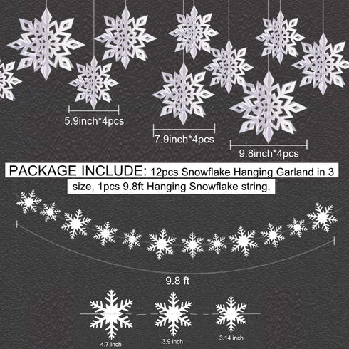 OuMuaMua Winter Christmas Hanging Snowflake Decorations, 12PCS Garland & 12PCS 3D Glittery Large White Snowflakes
