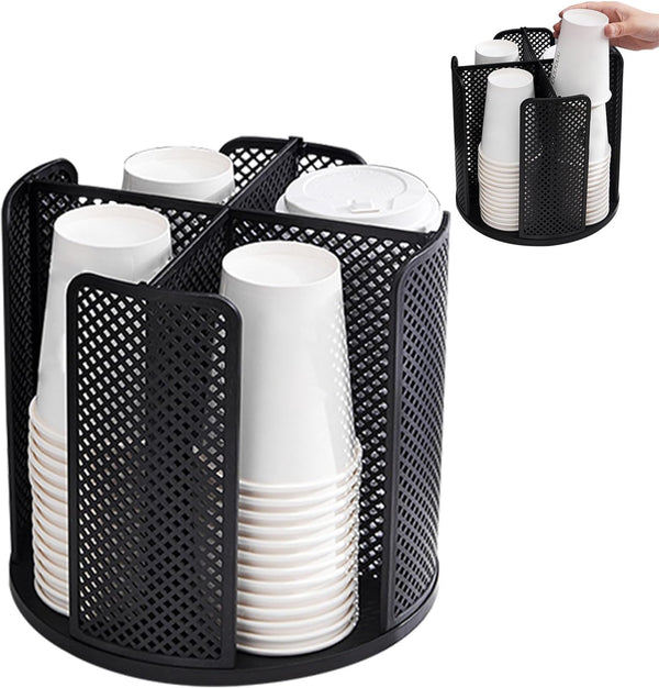 Black Rotated Cup and Lid Dispenser, Paper Cup Holder for Countertop with 4 Compartments for Coffee Station