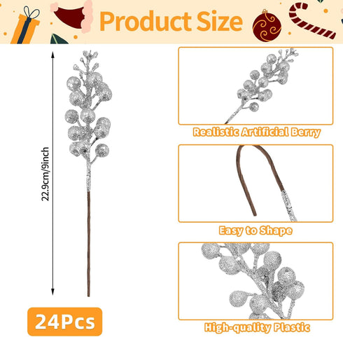 24 Pack 9 Inches 15 (24, 9 Inch) Glitter Artificial Berry Stems, Berries per Stem, Christmas Tree Picks Ornaments, DIY