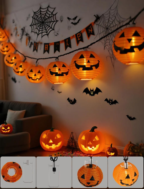Adirxon 12ft 20 Charming Halloween Christmas Pumpkin Lantern Lights, LED UL Certified String Lights, Unique Fabric Jack