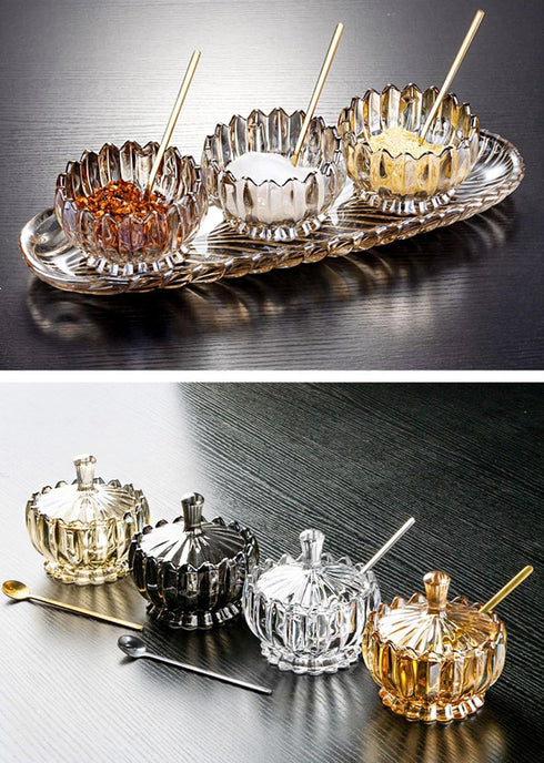 Clear Glass Sugar Bowl Spice Jar with Lid Spoon, Transparent Condiment Pot
