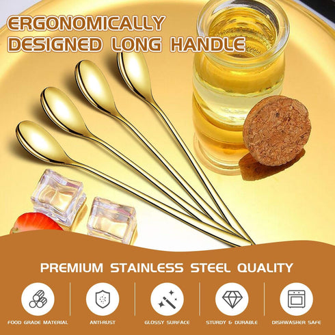 Long Handle 9.5 Inch Iced Cream Spoons, Stainless Steel Cocktail Stirring Spoons Set of 6 for Dessert