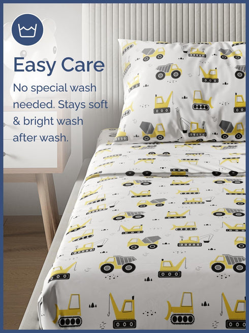 4 Set Set Kids Full Size Construction Bed Sheets - Piece Car Microfiber Sheet - Excavator Themed Bedding - Soft, Cute