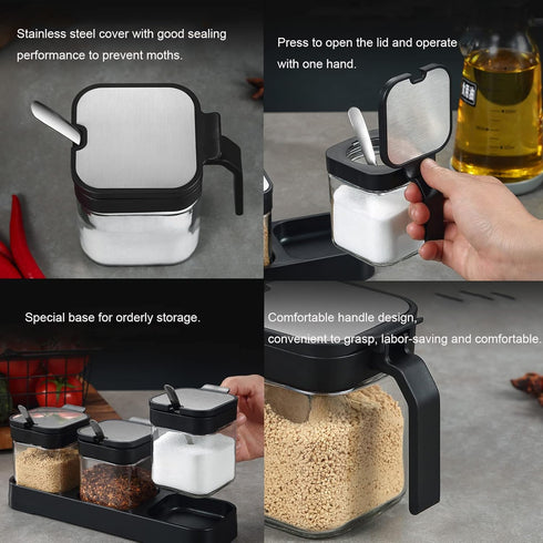 Glass Condiment Jar Spice Container Set with Lids and Spoons, Square Clear Seasoning Bowls for Kitchen Countertop