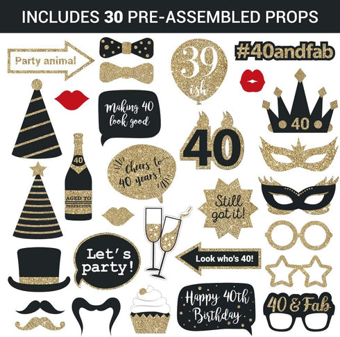 Fully Assembled 40th Birthday Photo Booth Props, Set of 30 - Black & Gold Selfie Signs for 40th Party Supplies
