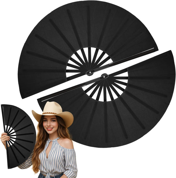 Maitys 2 Pcs Large Clap Fans for Line Dancing, 13 Inches Folding Hand Rave Fan, Black Simple Pattern
