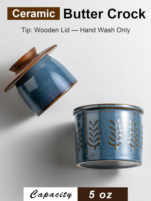 Countertop, Ceramic Butter Dish with Lid, Butter Crock for French Butter Keeper, Elegant Embossed Pattern, Blue