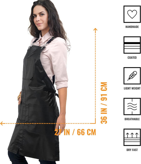 Under NY Sky Cross-Back Black Apron, Adjustable for Men, Women, Pro Barber, Tattoo, Hair Stylist, Server
