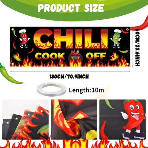 Chili Cook Off Decorations, 71" x 24" Chili Cook Off Banner, 3 Pcs Chili Pepper Plastic Tablecloth Table Cover 53" x 108", Mexican Fiesta Chili Cooking Party Supplies