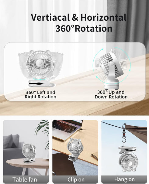 Clip on Fan, Rechargeable Portable Fan with 2000mAh Battery, Stroller Fan with Powerful Clip Design, 3 Wind Speed, 360°