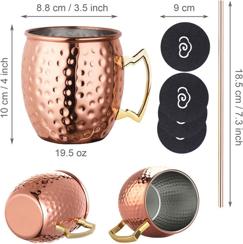 LIVEHITOP Moscow Mule Mugs Set of 4, Handcrafted Copper Cocktail Cups with Coasters for Cold Drinks and Parties