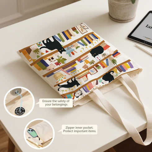 Aesthetic Canvas Tote Bag for Women - with Magnetic Snap Closure & Zipper Inner Pocket Reusable Bag for Shopping