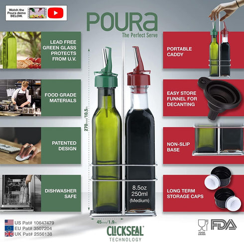Set 250ml Poura Vinegar and Olive Oil Bottle Drizzler with ClickSeal BPA Free Pour Spouts | Glass Oil & Vinegar