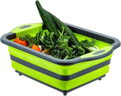 YZWDTGS Collapsible Cutting Board with Colander, Foldable Multi-function Kitchen Plastic Silicone Dish Tub, Fruits Vegetables Wash and Drain Sink Storage Basket (Green)