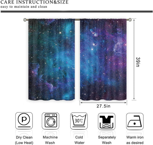 Cinbloo Galaxy Kitchen Curtains, Out Space Wall Art Rod Pocket 27.5W x 39L Inch, Blue Nebula Universe Room Decor for