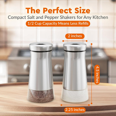 HOME EC Salt and Pepper Shakers Set, Adjustable Pour Holes, Glass and Stainless Steel Spice Dispenser