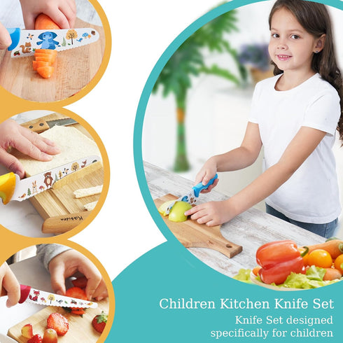 Kids Knife Set for Real Cooking, 4pcs Safe Kitchen Cutting Knives with Stainless Steel Blades, BPA-free