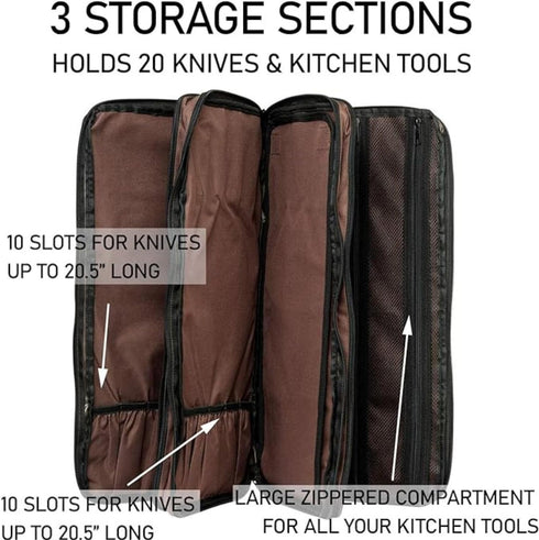 EVERPRIDE Large Knife Bag for Chefs Holds 20 Knives PLUS Zippered Compartment for Kitchen Tools