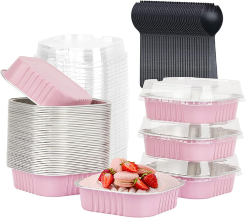 LNYZQUS 4” Mini Pie Tins, 40 Pack 7.5oz Aluminum Foil Muffin Tins with Lids, Disposable Baking Cups - Pink