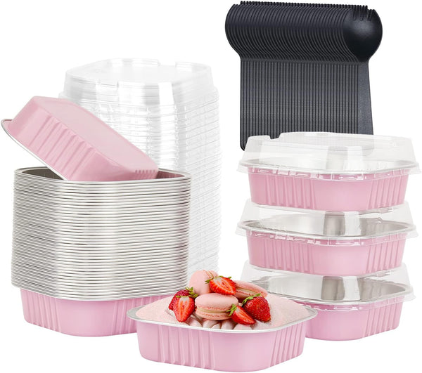 LNYZQUS 4” Mini Pie Tins, 40 Pack 7.5oz Aluminum Foil Muffin Tins with Lids, Disposable Baking Cups - Pink