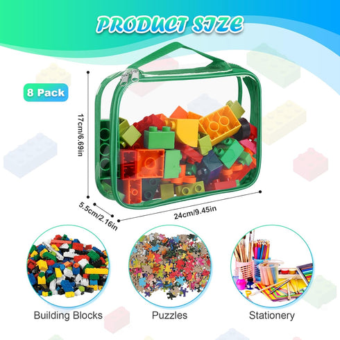 8 Packs Toy Storage Bags with Zipper, Clear PVC Organizing Bags, Reusable Toy Storage Organizer with Portable Handle