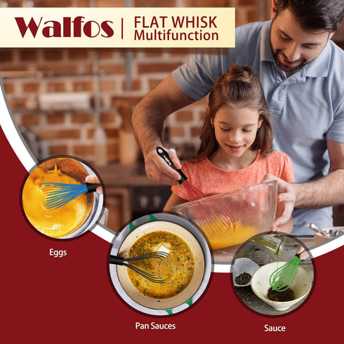 Walfos Silicone Whisk Set of 4, 11in Flat Whisk & 7+9+11in Balloon Whisks, Non-Scratch, Dishwasher Safe, Colorful