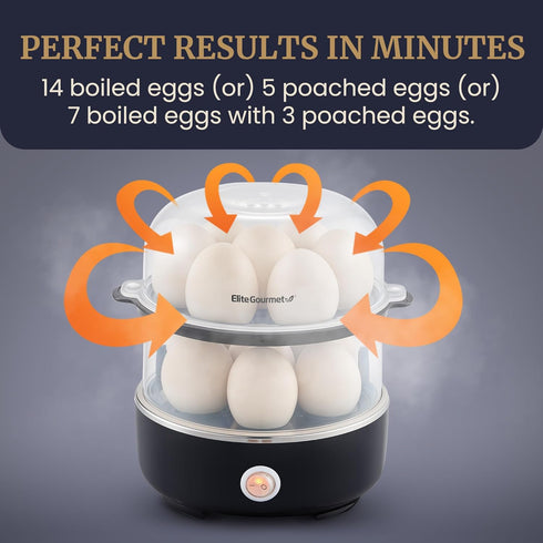 EGC1215B 14-Egg Elite Gourmet Easy Egg Cooker, Stainless-steel Heating Plate, Two-Tiered, Capacity, Soft, Medium