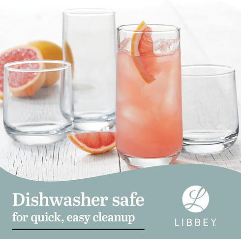 Libbey Ascent Set of 16 Drinking Glasses - Curvature Tumbler and Rocks Glasses, Versatile Glassware for Parties