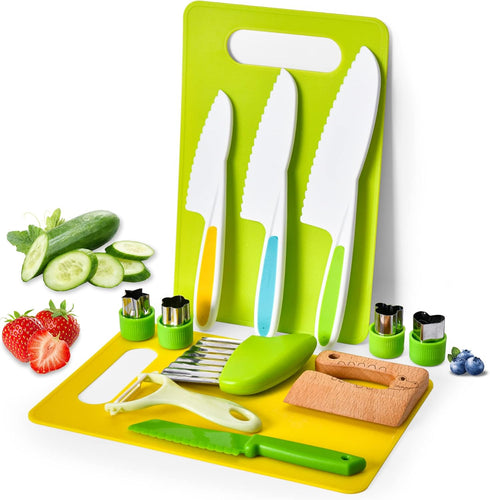 Montessori Kids Kitchen Knife Set, 13 Pieces Wooden Knives for Real Cooking, Includes 4 Toddler Safe Knives & Cutting