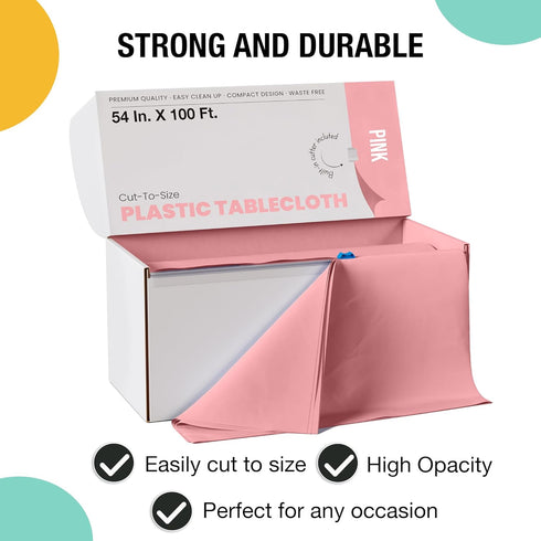 Exquisite Party Solids 54 Inch X 100 Feet Pink Plastic Table Cover Roll, Cut-to-Size Box with Convenient Slide Cutter