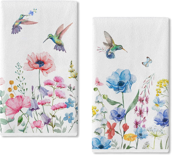 Seliem Summer Anemone Flower Hummingbird Kitchen Dish Towel Set of 2, Wild