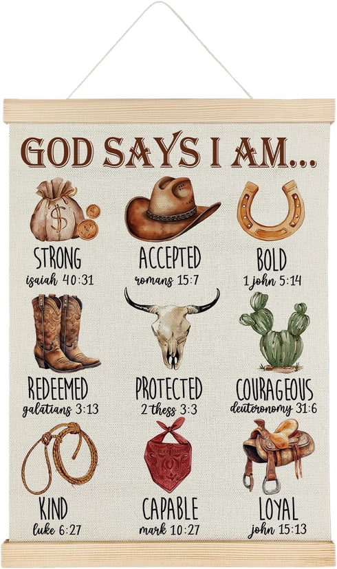 SereneHanctuary Western Christian Wall Art, God Says I Am Cowboy Nursery Wall Decor,