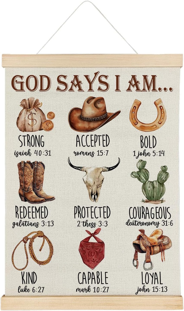 SereneHanctuary Western Christian Wall Art, God Says I Am Cowboy Nursery Wall Decor,