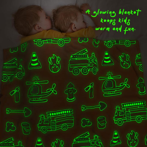 50"x60" Toddler Blankets for Boys, Glow in The Dark Fire Truck Throw with Tractor, Excavator Construction Toys