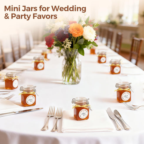Set 12 (4 Oz), ComSaf of Square Glass Spice Jars with Airtight Lids Mini Favor Jars with Wire Clamp for Honey, Herbs